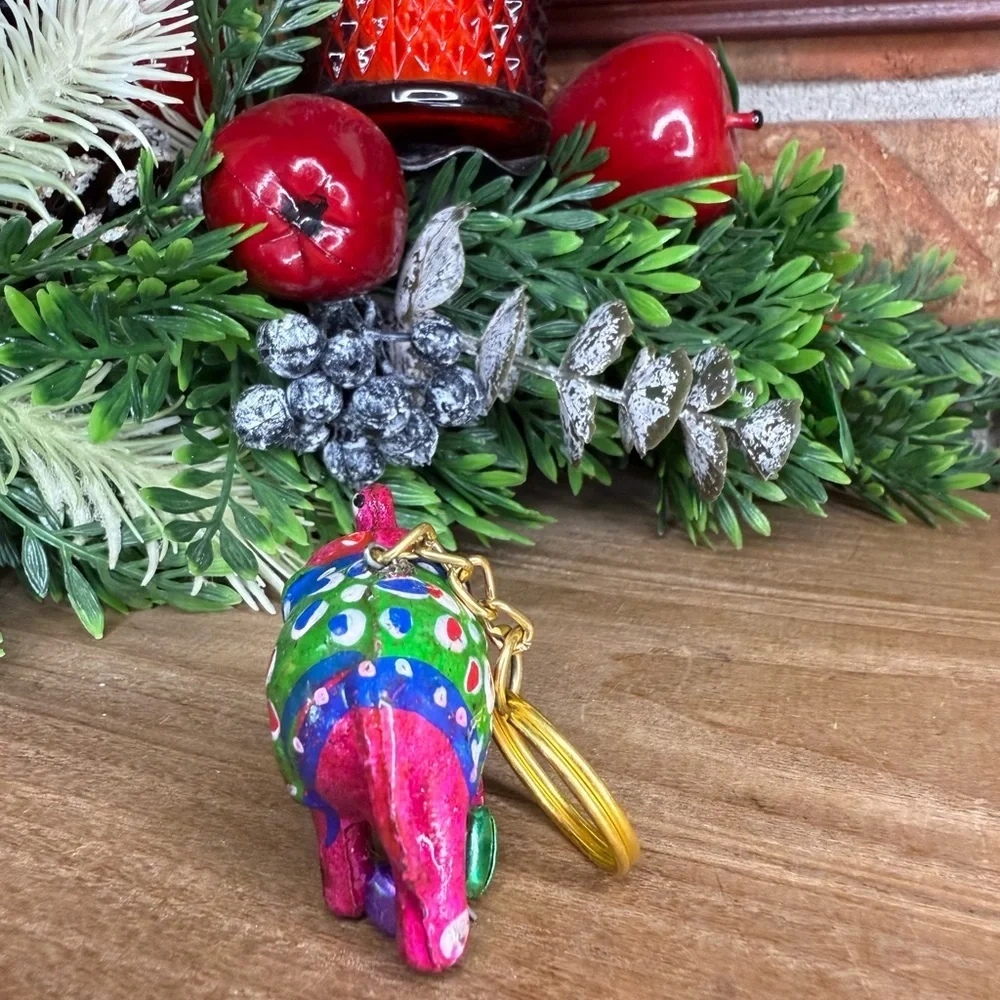 Vintage India Handcrafted Wooden Artisan Colorful Elephant Keychain - Picture 4 of 11
